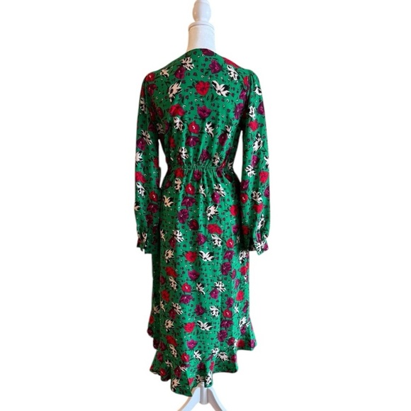 Melloday Green Floral Wrap Midi Dress Small – Long Sleeve Ruffle Hem V-Neck - Picture 4 of 10
